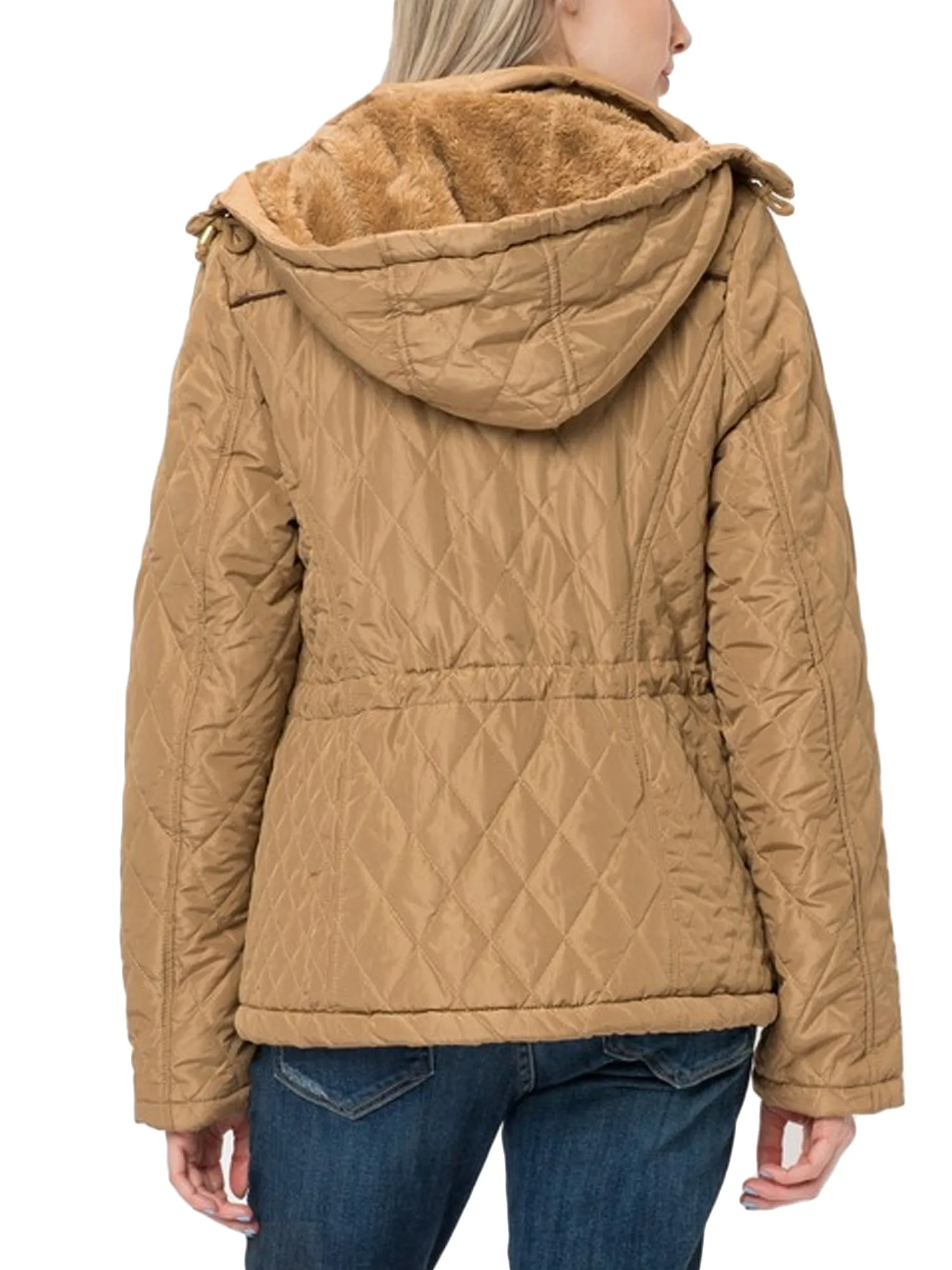 Womens Fur Lined Lightweight Zip Up Quilted Jacket with Detachable Hood