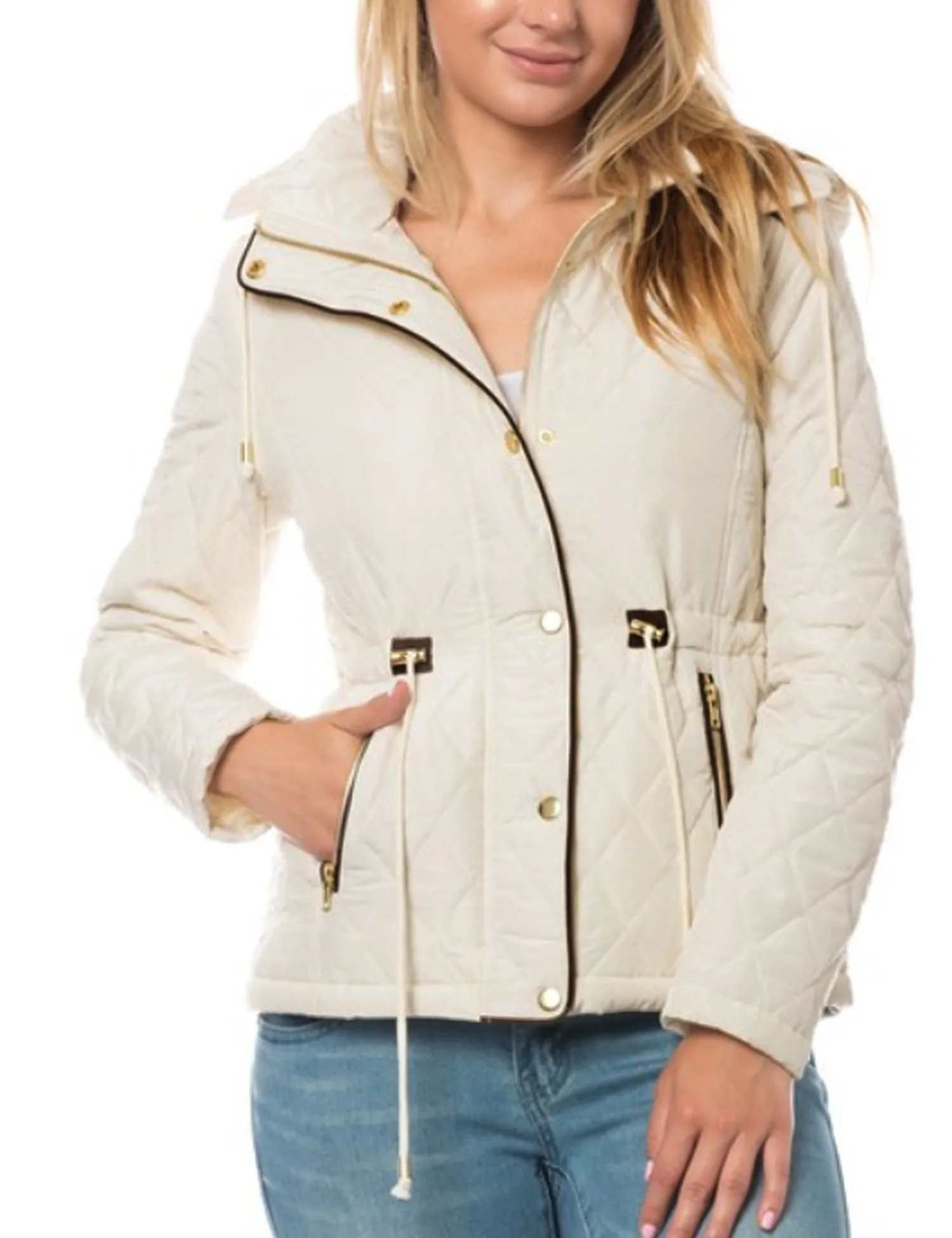 Womens Fur Lined Lightweight Zip Up Quilted Jacket with Detachable Hood