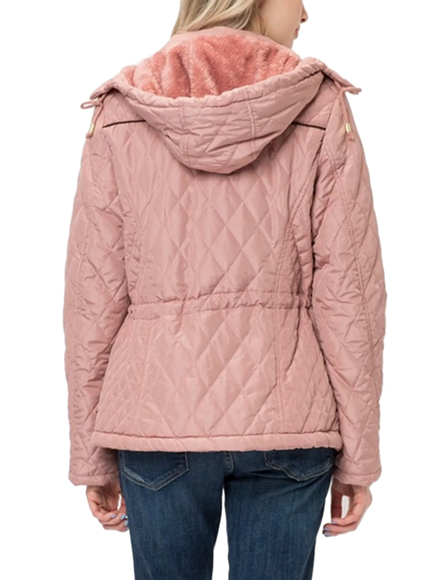 Womens Fur Lined Lightweight Zip Up Quilted Jacket with Detachable Hood