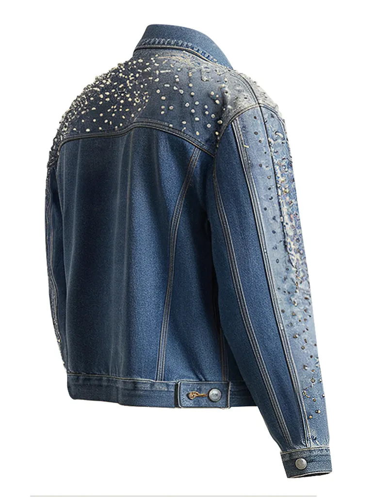 Women's Trendy Blue Denim Jacket With Pearl Stud Embellishments