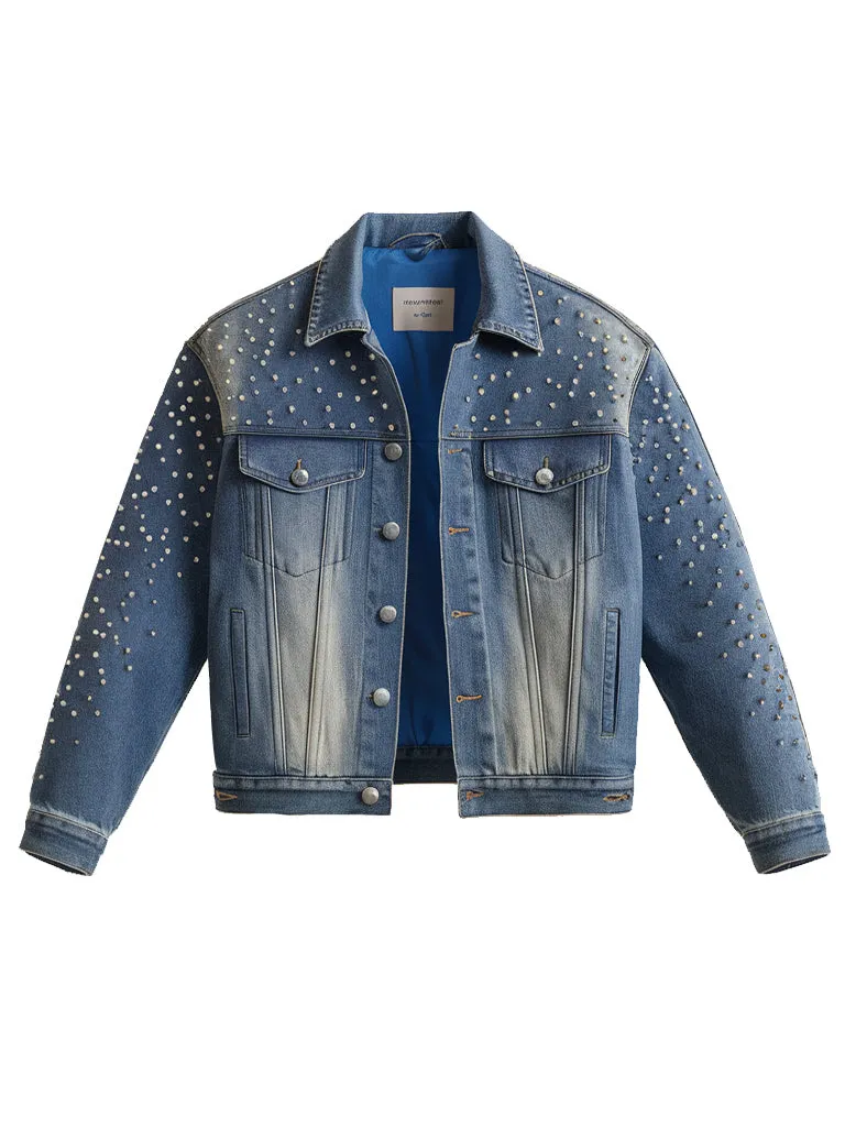 Women's Trendy Blue Denim Jacket With Pearl Stud Embellishments