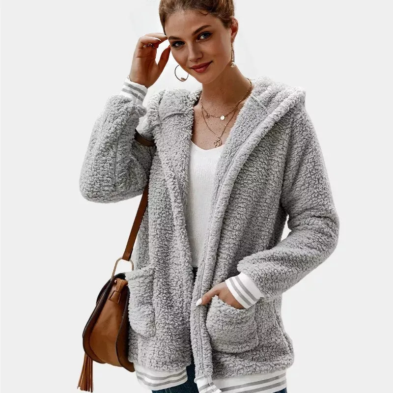 Zip Up Long Sherpa Jacket With Hood Fluffy Fleece in Grey