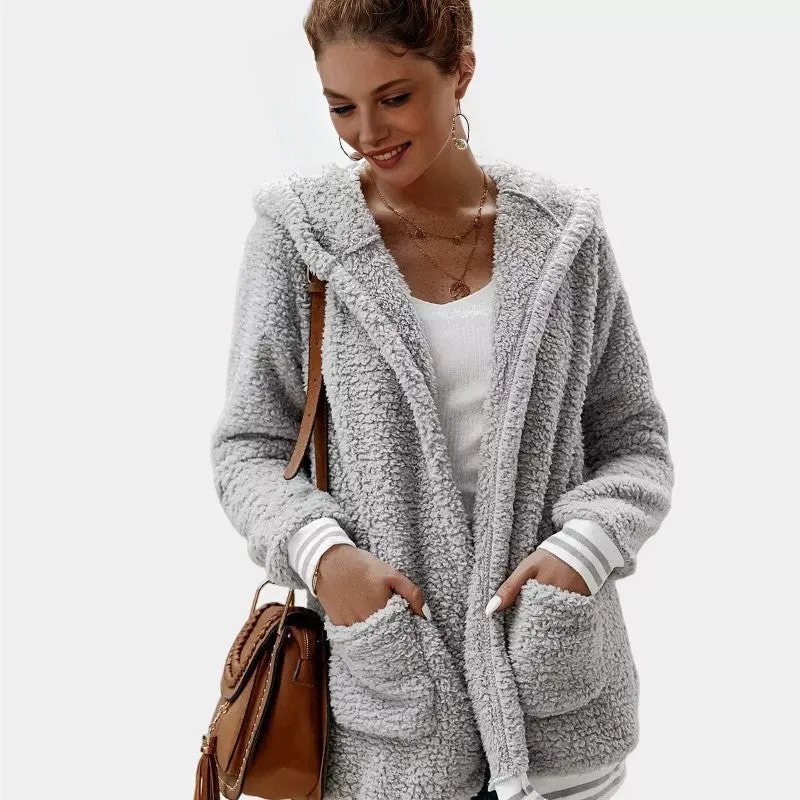 Zip Up Long Sherpa Jacket With Hood Fluffy Fleece in Grey